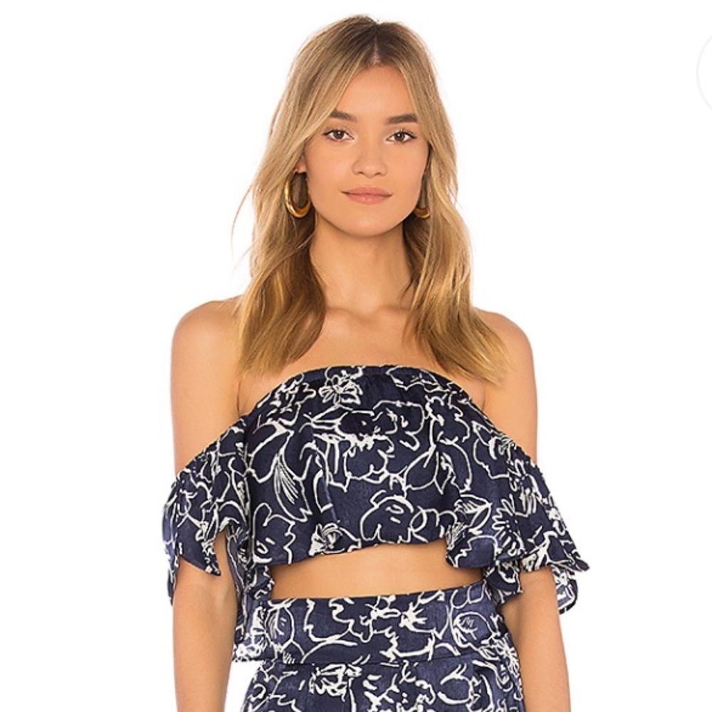 Misa Lunna Satin Navy/White Floral Crop Top